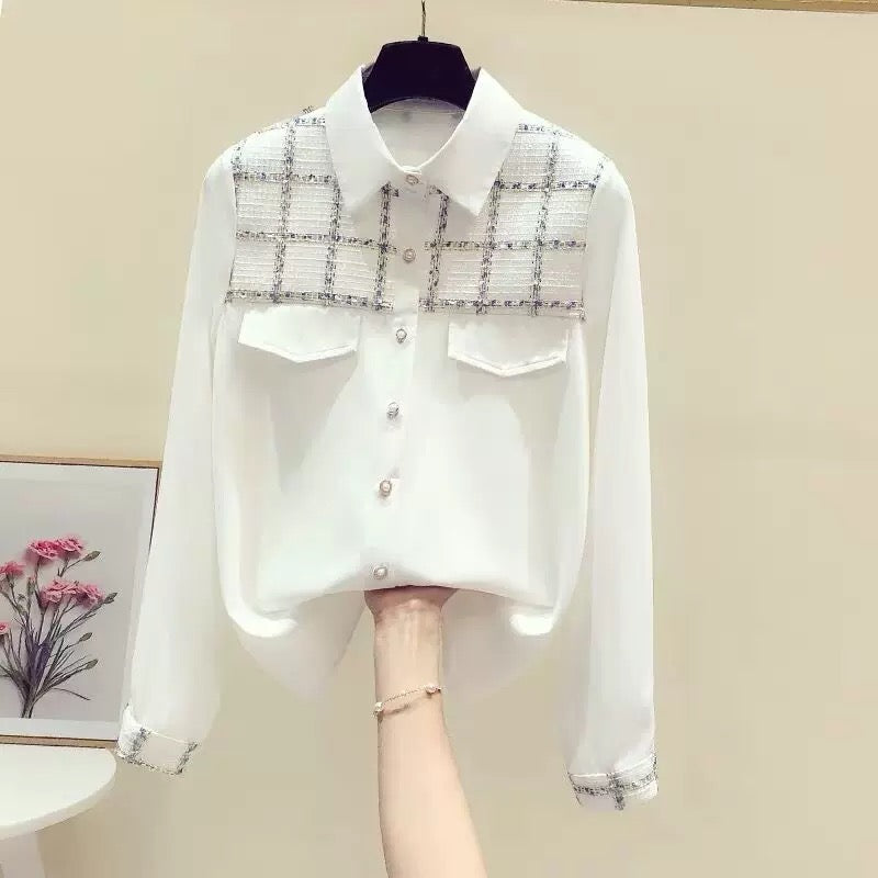 Women's clothing cutting label counter withdrawal foreign trade spring and autumn foreign style small fragrance heavy industry white chiffon shirt women