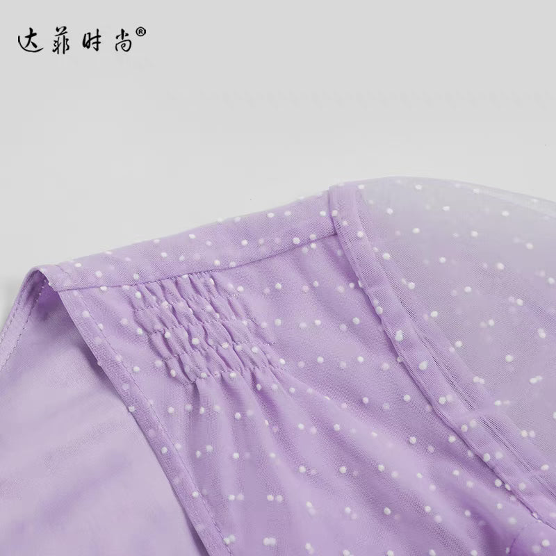 2022 summer new fashion square collar lotus leaf sleeves big swing wave point flocking mesh light purple fairy style dress