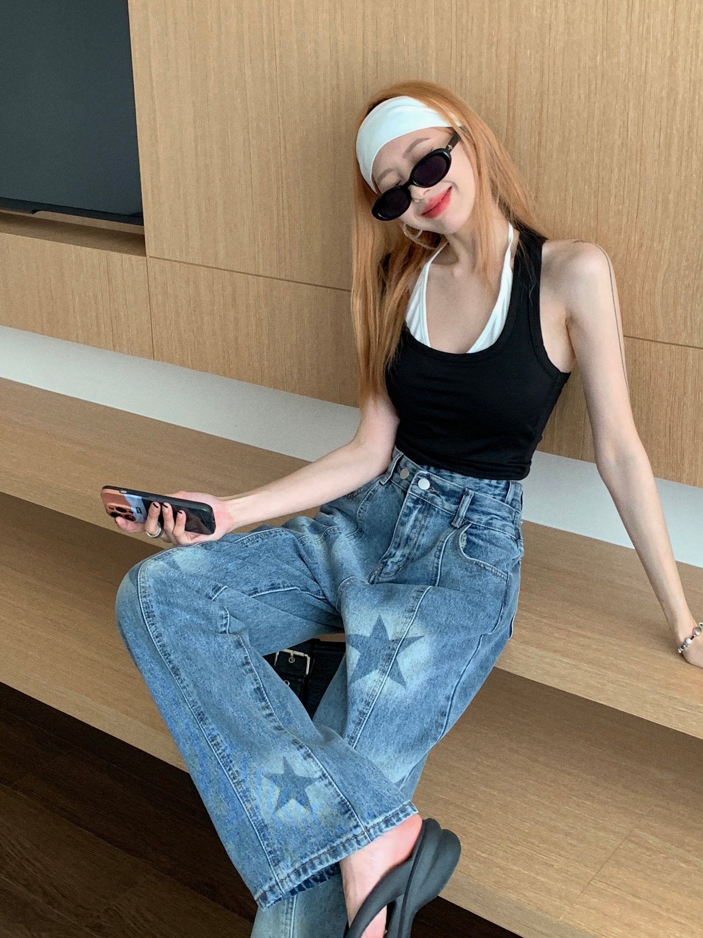 Kumikumi retro all-match jeans women's spring loose casual printed straight-leg pants mopping pants long pants tide