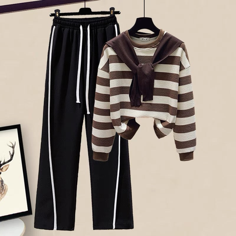 Small man wears lazy college style long-sleeved shawl sweater casual pants women's sports suit two-piece in early autumn