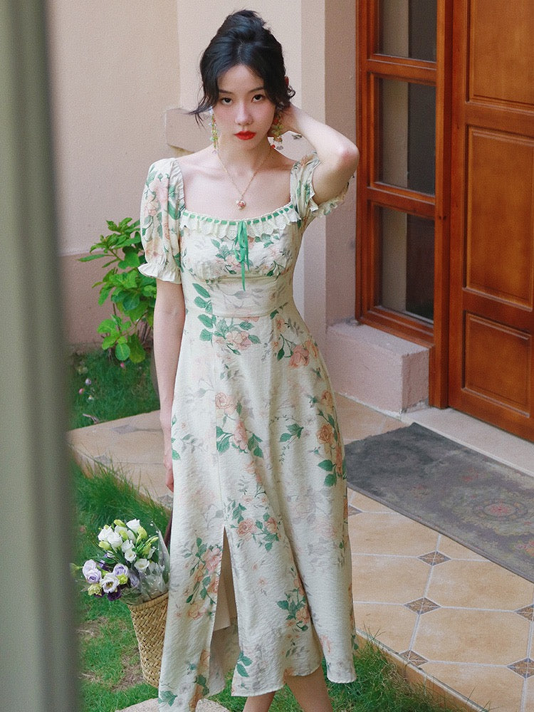 Haze Hezhi "Furong Yuyi" Retro New Chinese Dress Women's Neck Puff Sleeve Printed Mid-length Dress