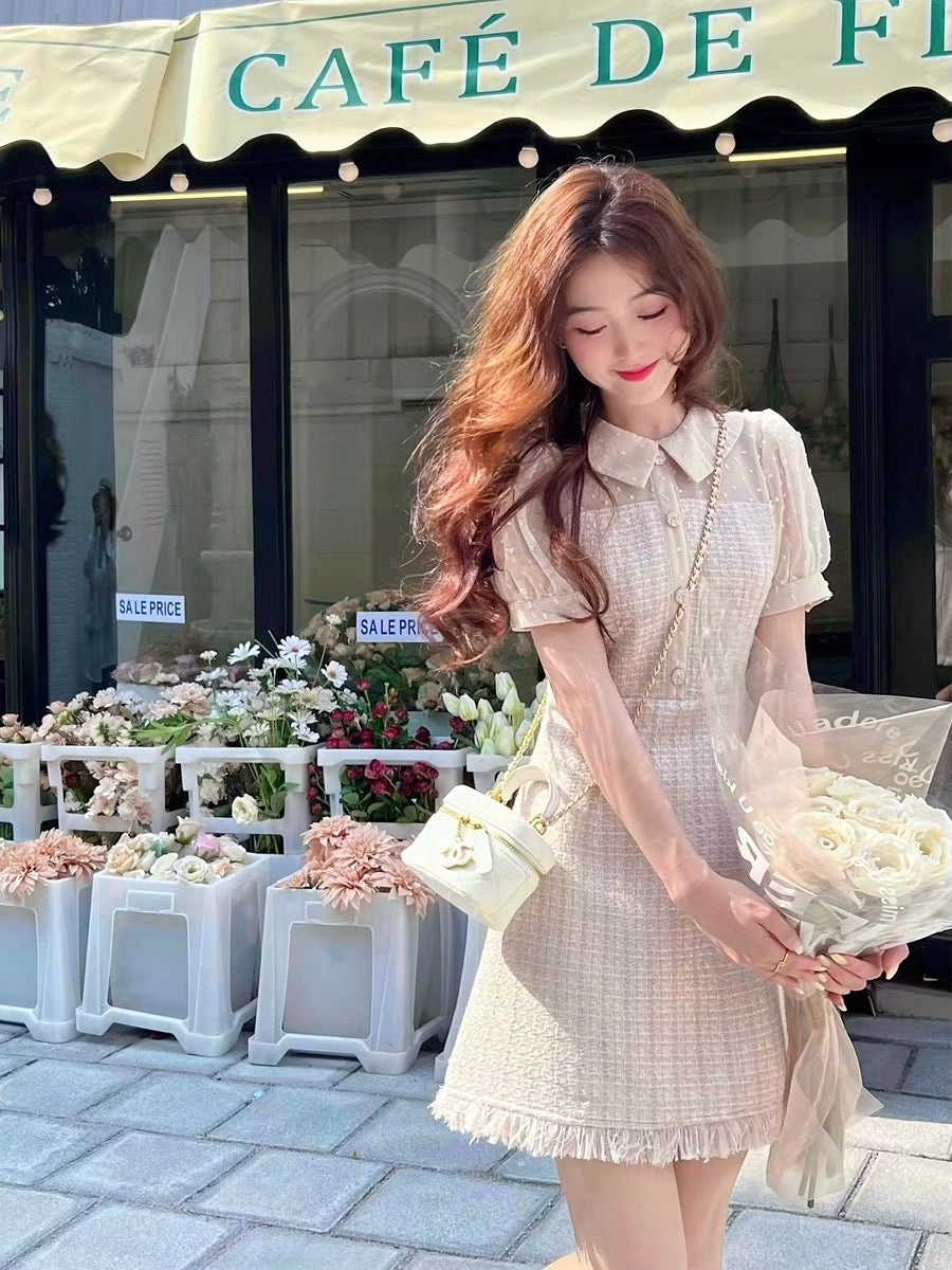 Q women's rum sparkling water / khaki thin doll collar dress female small summer 2022 new