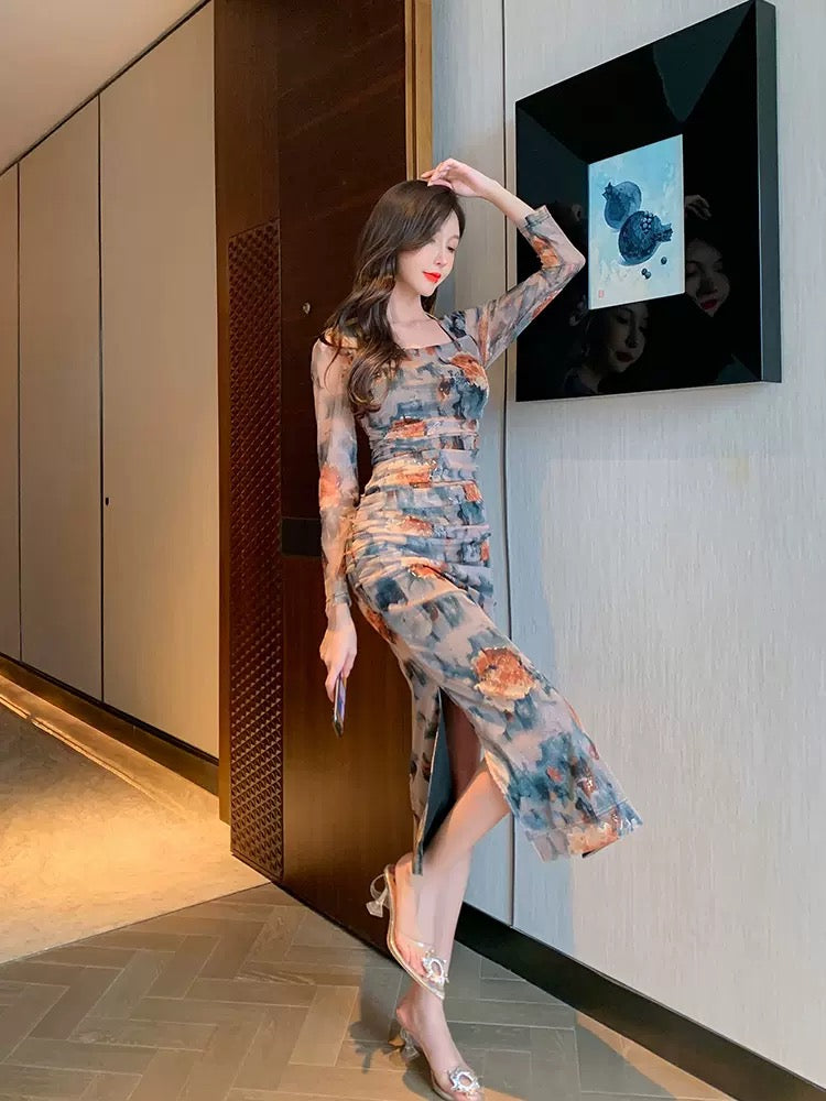 European station wrinkled bag hip floral skirt early autumn new women's temperament retro lady style sexy split dress 1548