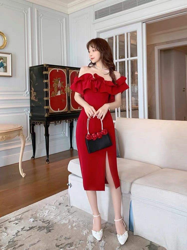 European station French red ruffled one-shoulder dress women's summer high-end temperament slim light luxury dress