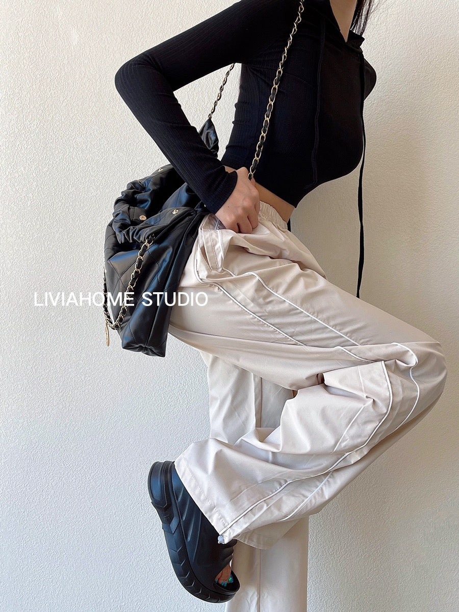 liviahome American retro high waist all-match sports casual pants women's loose slimming sports pants trousers