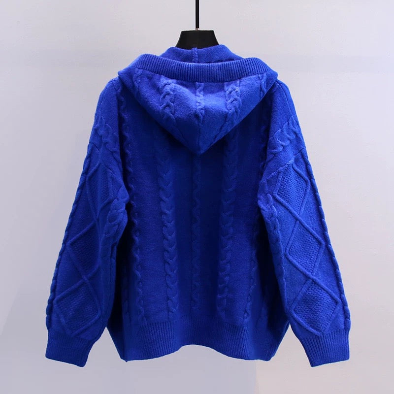 Retro diamond twist hooded sweater jacket women's 2022 autumn and winter new Korean version loose college style knitted cardigan