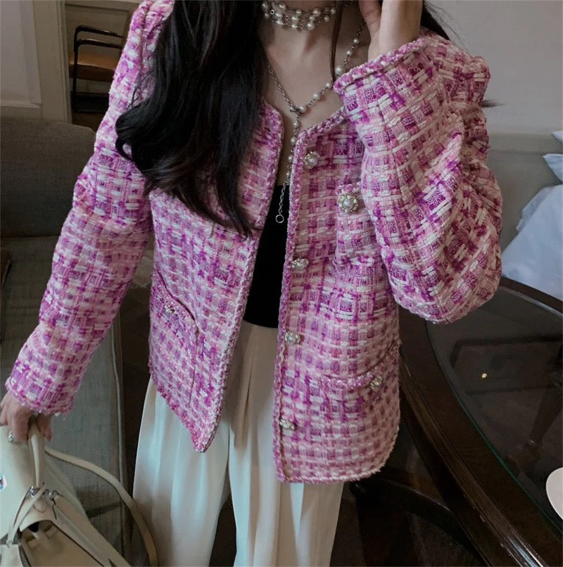 Pink tweed small fragrance coat women's 2022 autumn and winter new temperament ladies high-end sense thin and light luxury top