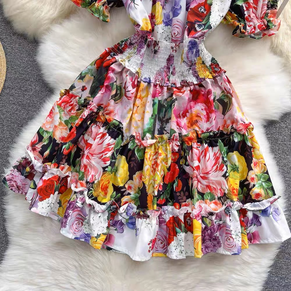 Design sense palace style print contrast color lotus leaf collar high waist dress women slim slim short sleeve puffy skirt
