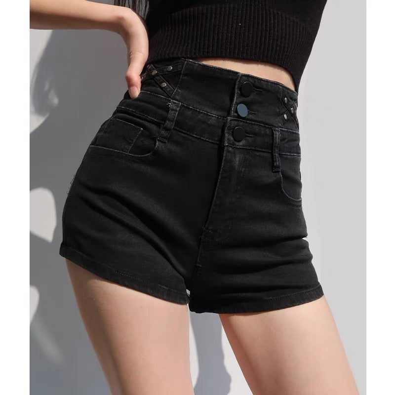 Europe and the United States, high waist, thin and tall, three-button elastic slimming bag hip denim shorts, women's washed and old denim hot pants