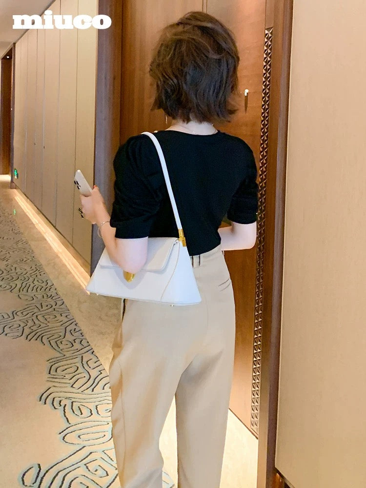 miuco temperament square neck puff sleeve short-sleeved top + rolled tapered high waist pants suit female 2021 spring and summer new