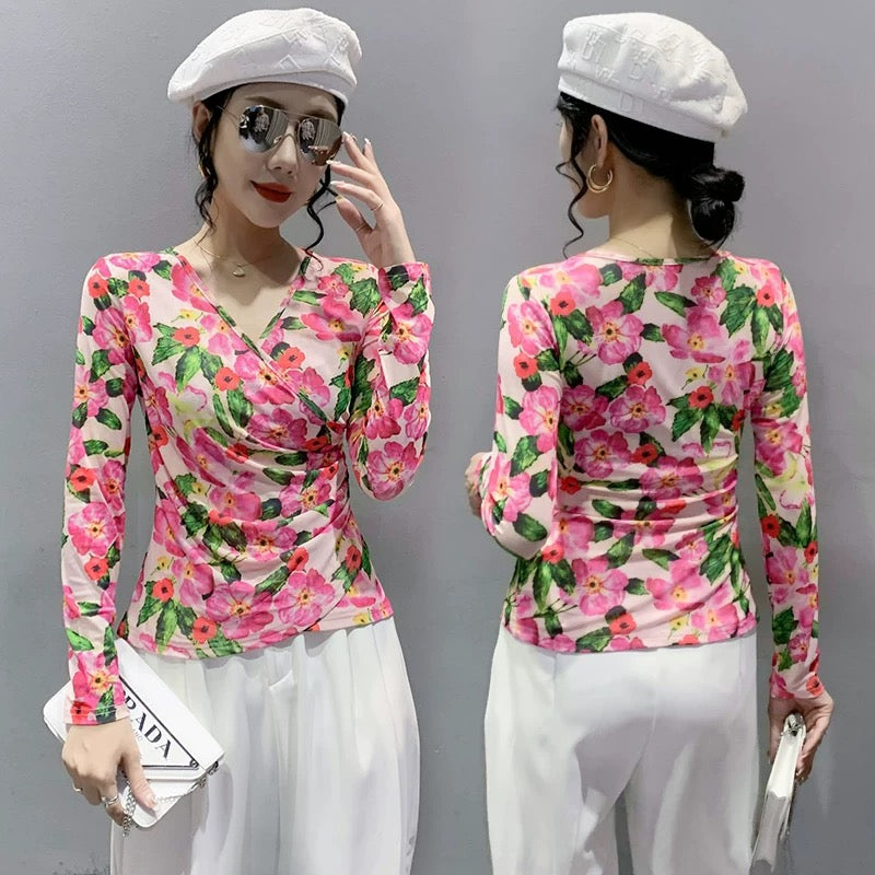 Retro temperament printed bottoming shirt women's European station autumn sexy cross V-neck mesh top foreign style long-sleeved T-shirt
