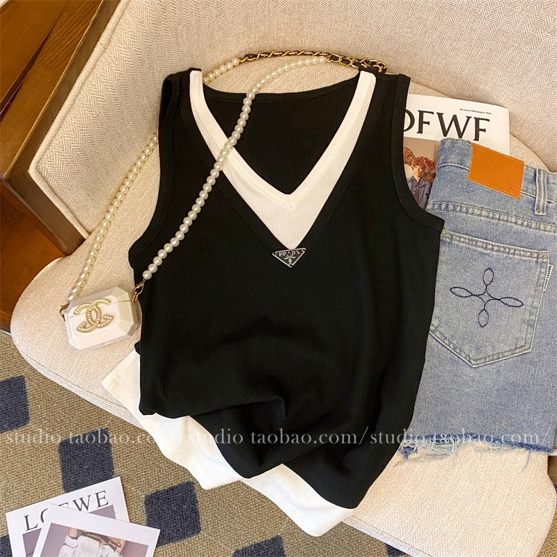 Fake two-piece V-neck ice silk foreign style all-match sleeveless top women's 2023 summer new French lazy jacket