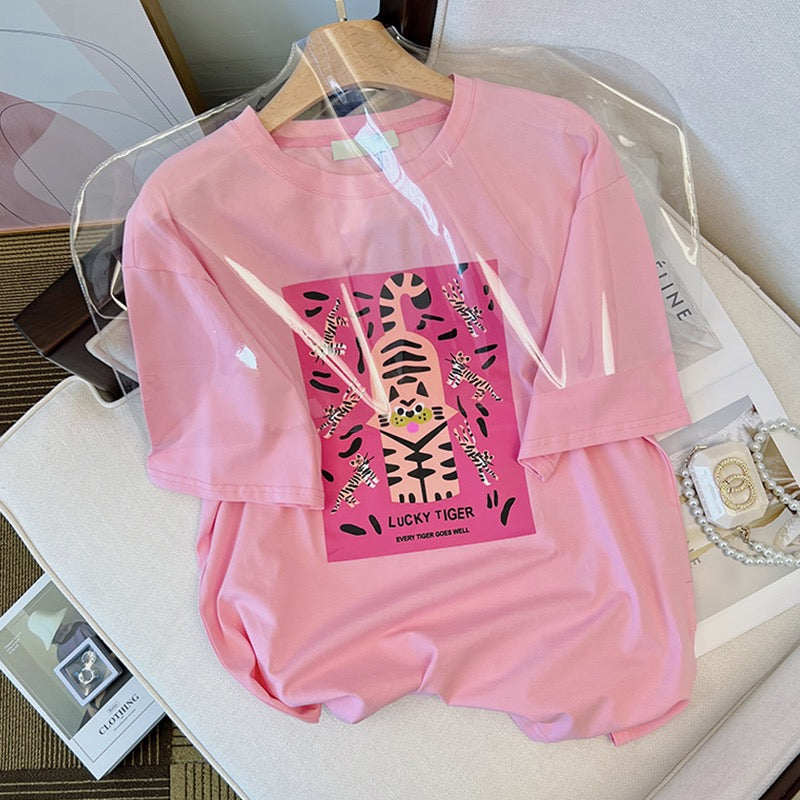 Pink t-shirt women's summer loose Korean version of pure cotton tiger fashion foreign style age reduction design sense niche tops ins tide