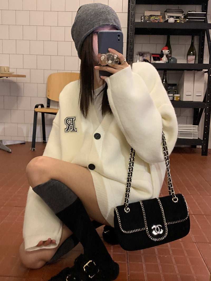 Letter embroidered sweater coat women's mid-length loose long-sleeved sweater autumn lazy style thickened cardigan top