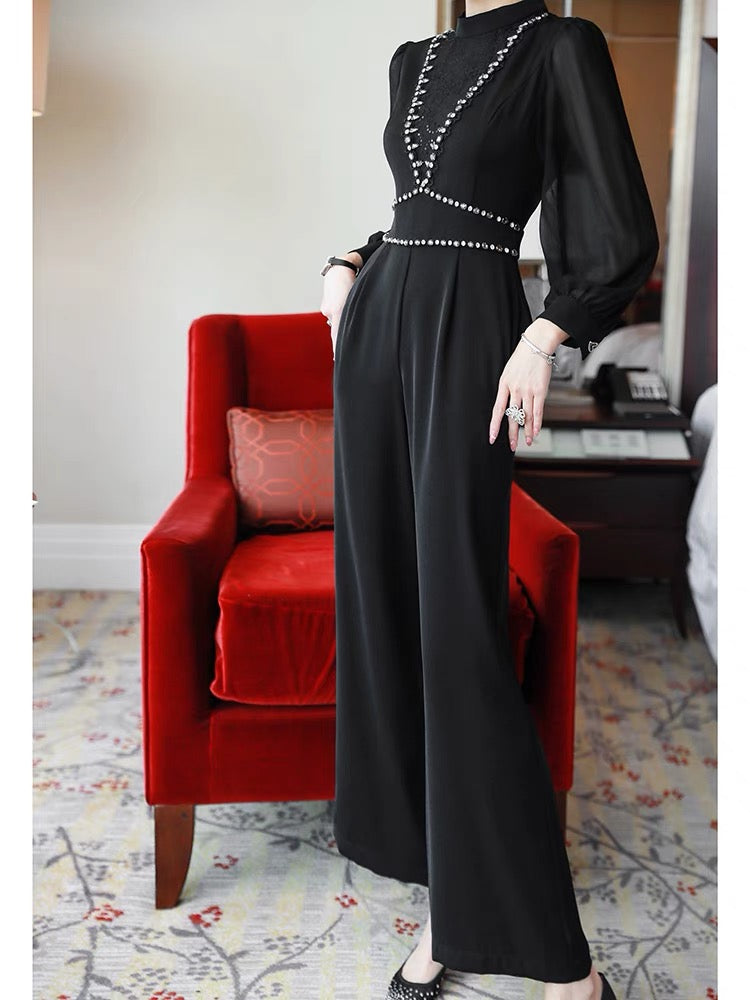 2022 new women's autumn temperament celebrity high-end one-piece black heavy-duty diamond-studded long-sleeved waist one-piece wide-leg pants 1494
