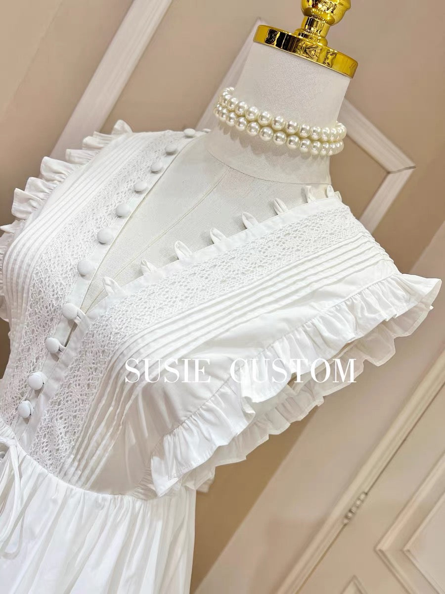 Fairy style pleated fungus edge pleated stitching lace single-breasted deep V-neck waist ruffled long skirt