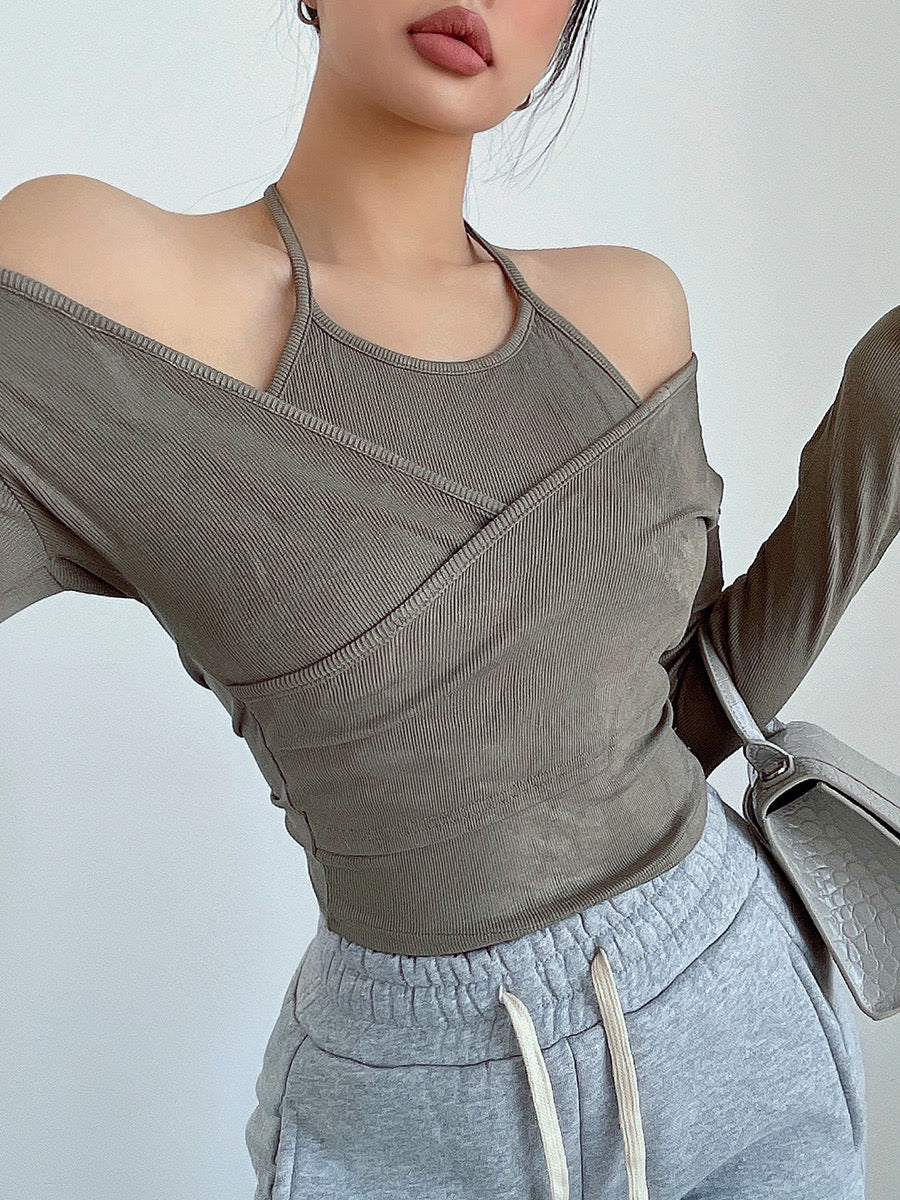 liviahome European and American pure desire girl cross wrap chest long-sleeved T-shirt feminine hanging neck fake two-piece top