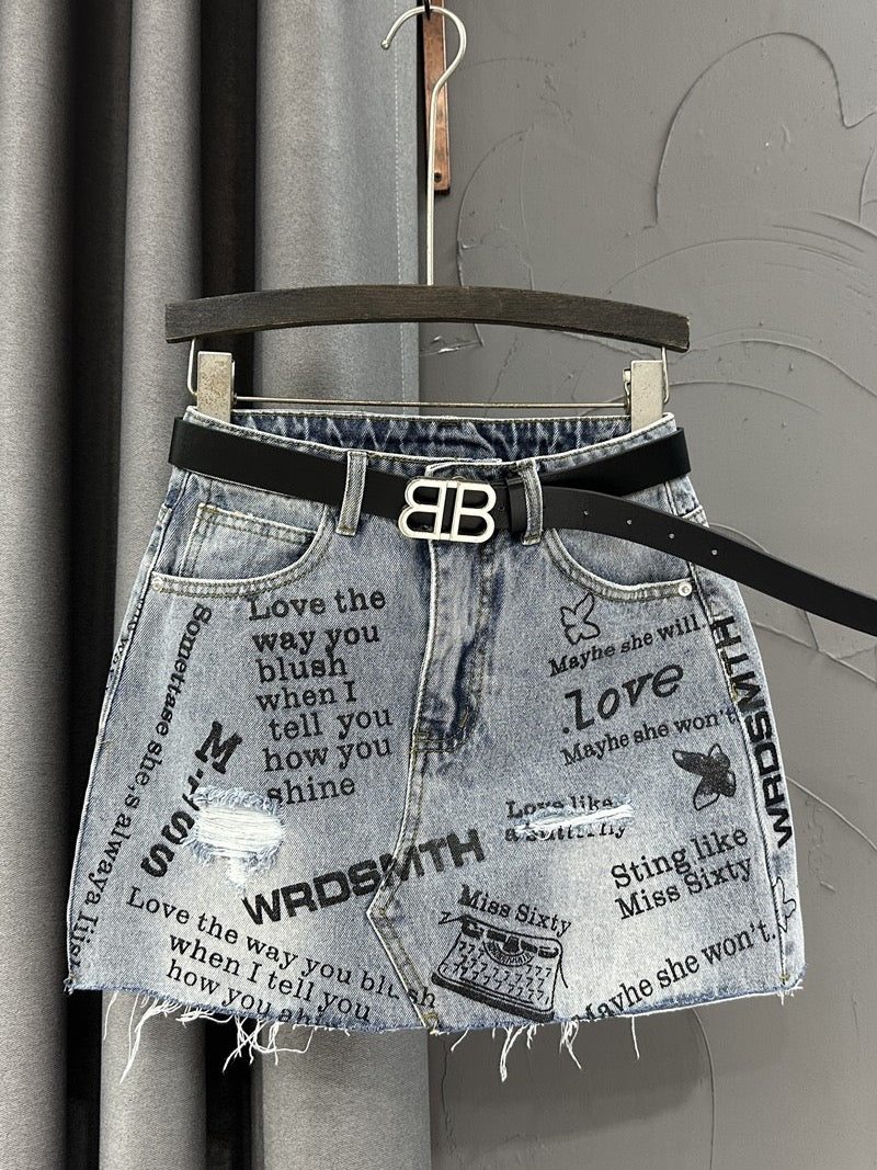 Design letter print graffiti denim skirt female high waist slim A-line skirt hot girl fashion bag hip skirt