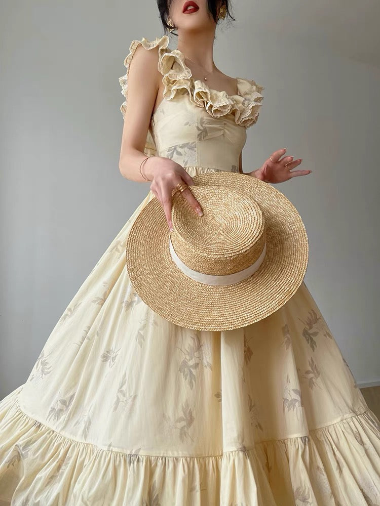 Aconiconi|Palace Lantern Lily French Oil Painting Yellow Print Holiday Style Large Swing Mid-Length Waist Dress