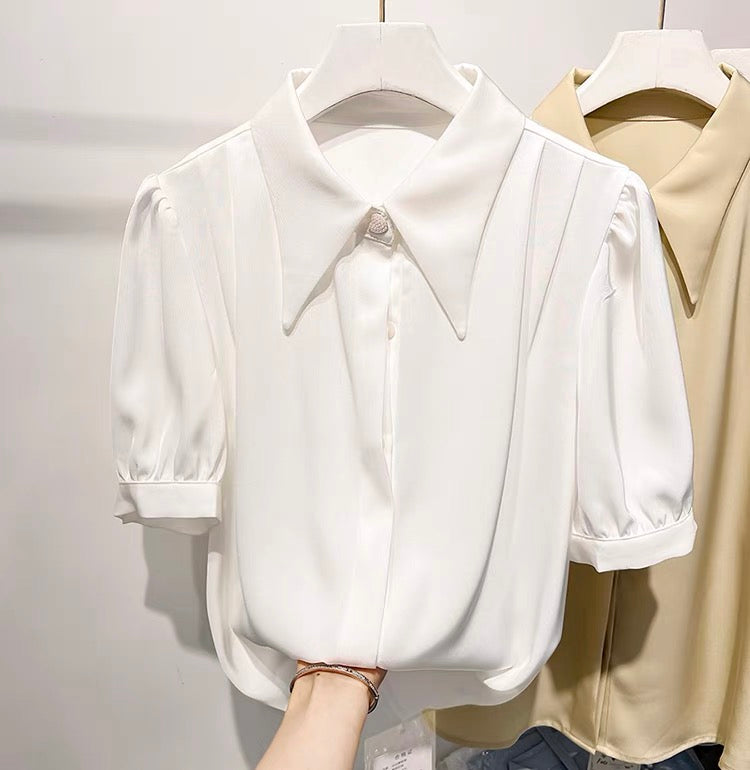 2022 new French solid color lapel beaded single-breasted short-sleeved chiffon shirt women's summer thin top