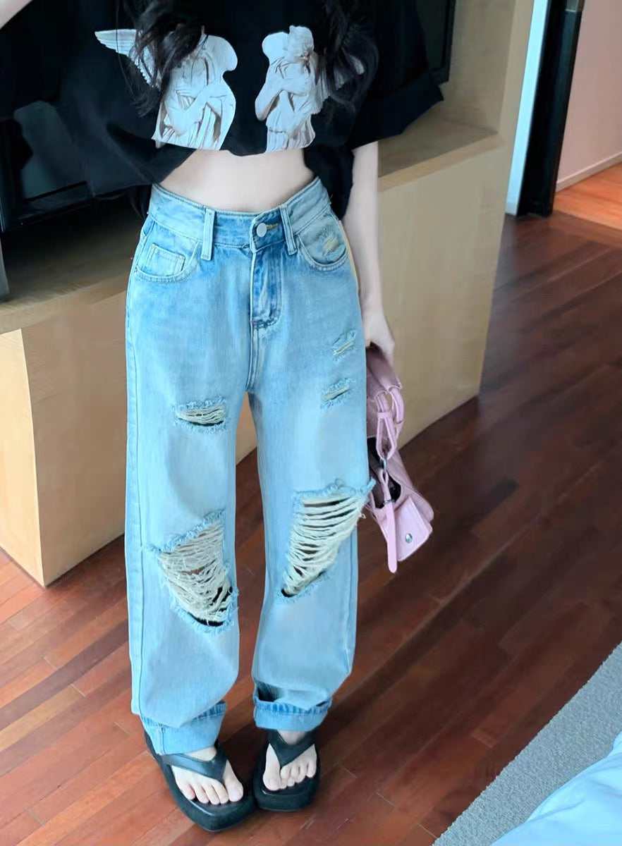 1118 kumikumi retro old jeans straight-leg pants women's summer design sense hole wide-leg pants mopping long pants