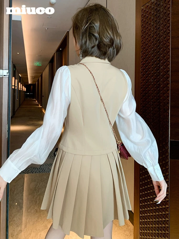 miuco suit lapel stitching shirt lantern sleeve pleated skirt hem waist dress female 2022k