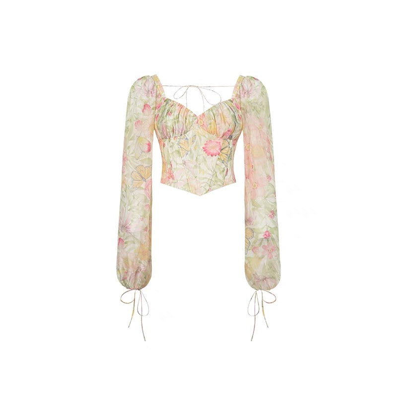 Xiaoli Wonderful Fairy Square Collar Long Puff Sleeve Floral Chiffon Shirt French Design Chic Top Female Summer