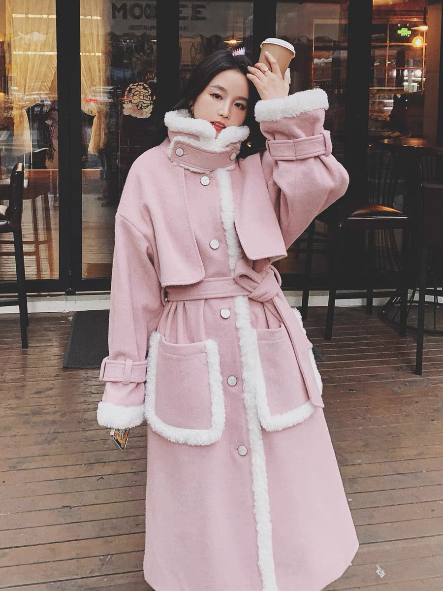 Pink lamb wool cotton coat women's winter thickened long knee-length 2022 new Korean version of loose cotton clothing tide ins