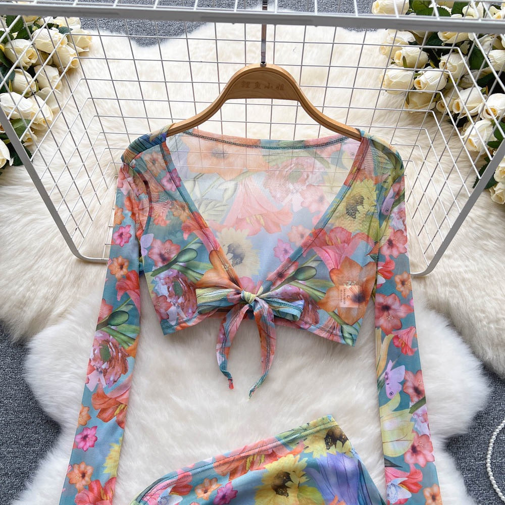 Pure desire wind three-piece suit female summer hot girl print V-neck long-sleeved top drawstring bag hip short skirt briefs