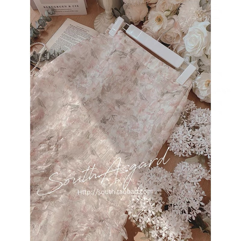 Southern fairy palace floral skirt female summer pink high waist French fishtail skirt gentle wind fairy skirt super fairy forest