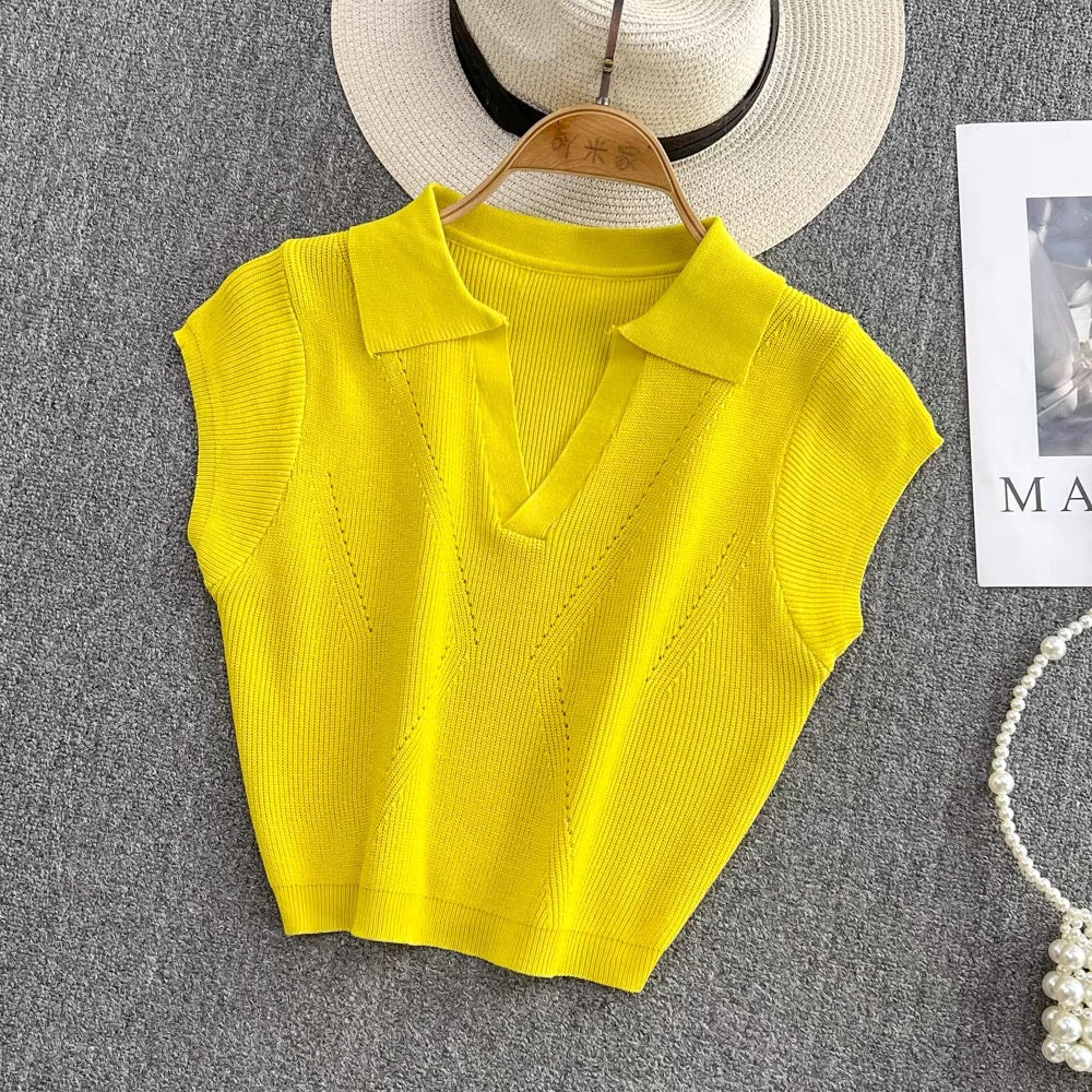 2022 summer Korean version of the V-neck collar slim high waist slim short knitted sweater top Western style exposed navel T-shirt short sleeves