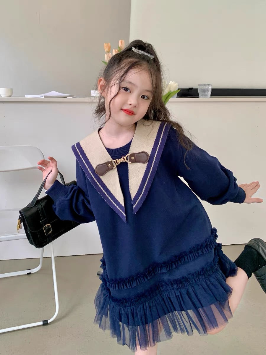 Original girls' college style sweater dress autumn little girl stitching mesh skirt children's knitted navy collar dress