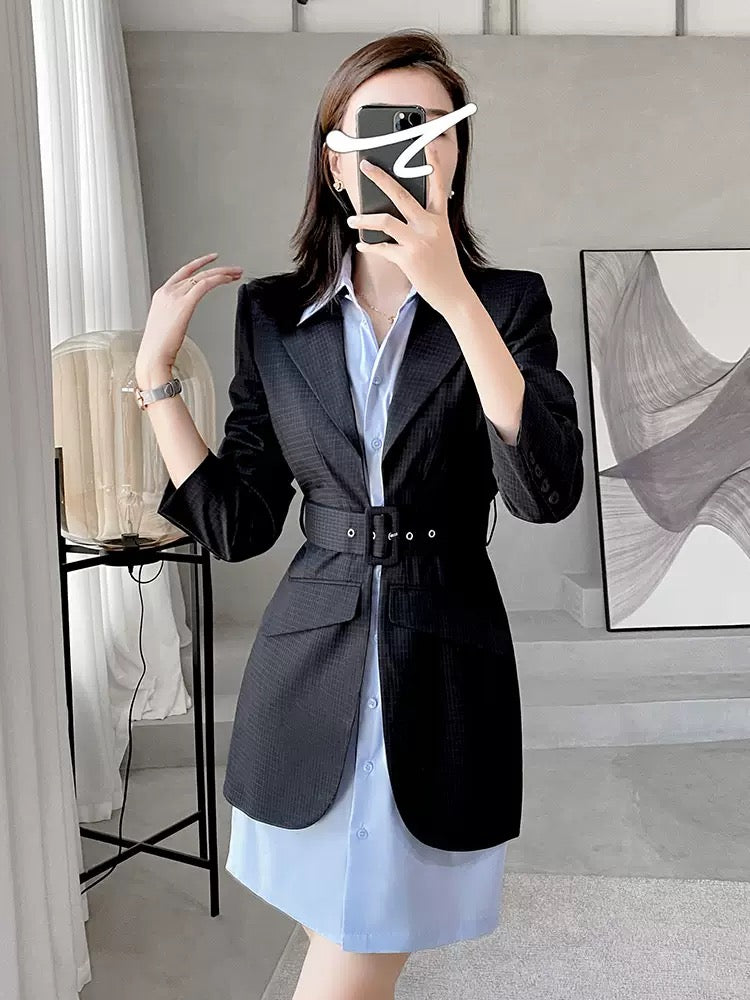 Autumn new temperament goddess fan with a complete set of women's plaid suit jacket shirt dress two-piece suit 1812