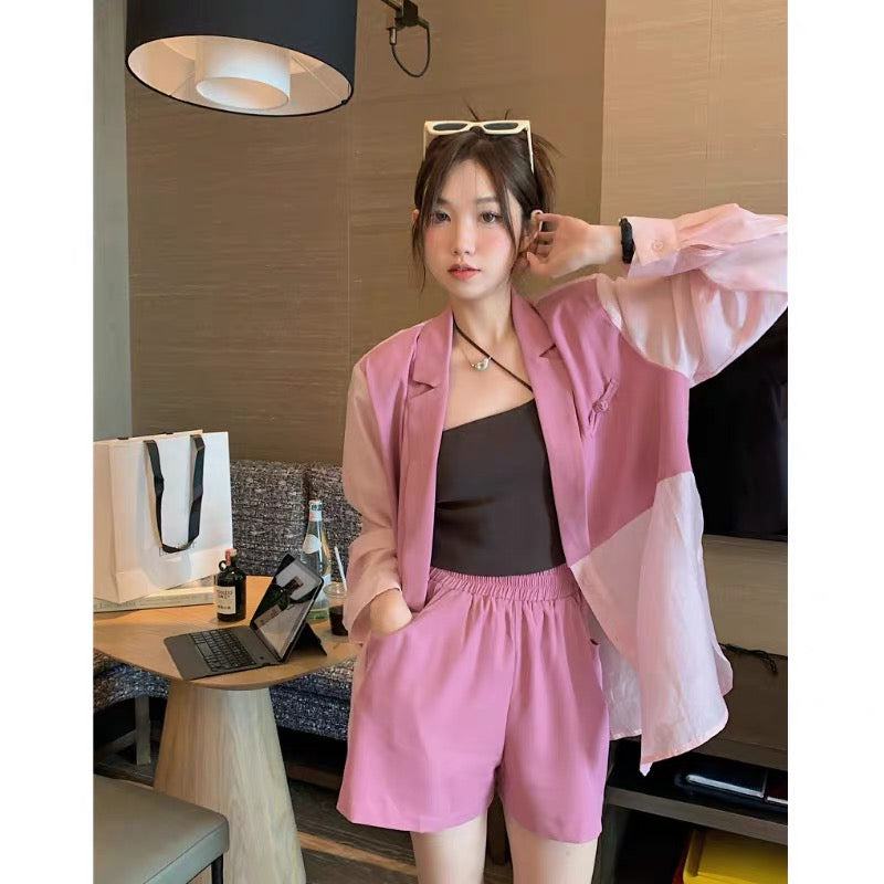 Fashionable fried street suit female 2022 new summer color contrast suit shirt high waist shorts high-quality two-piece suit