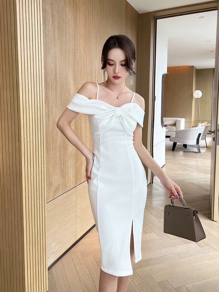 European station tender pink sweet dress one-shoulder female summer temperament white bow birthday shirt suspender skirt