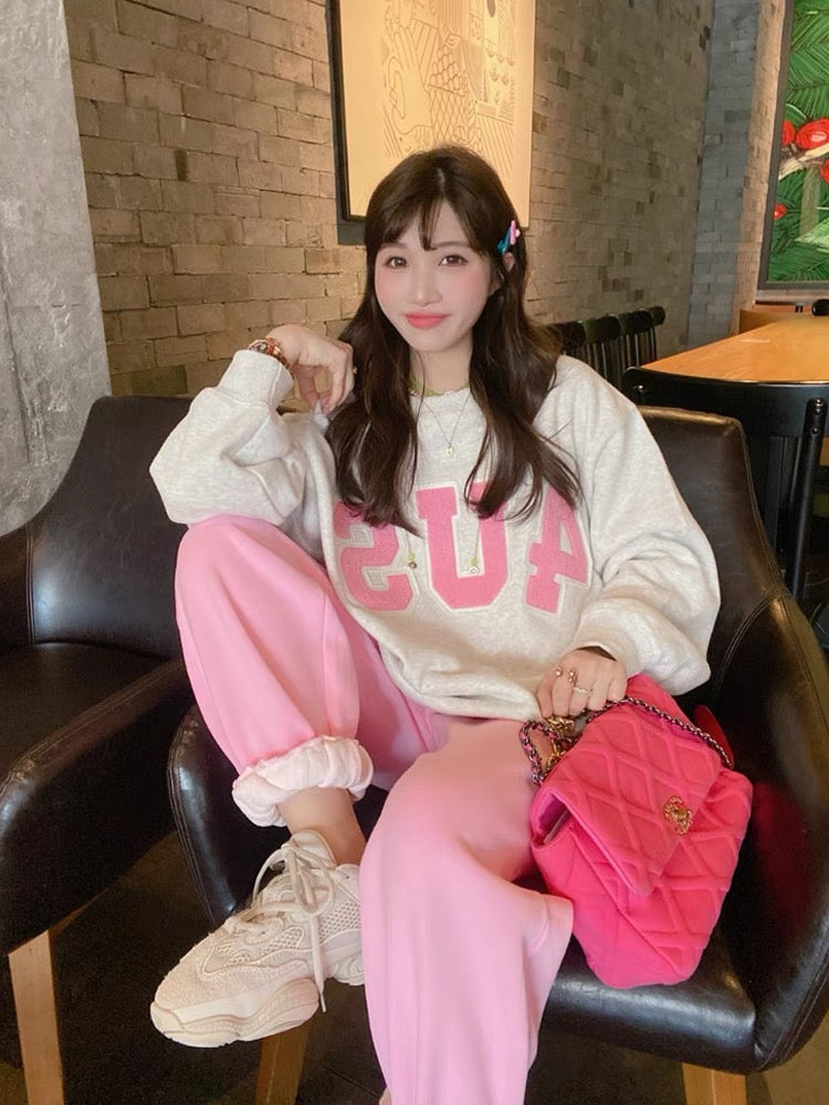 JENNIFER JXLIU Korea autumn and winter fall in love at a glance ^ lamb wool patch letters plus velvet loose thick sweater