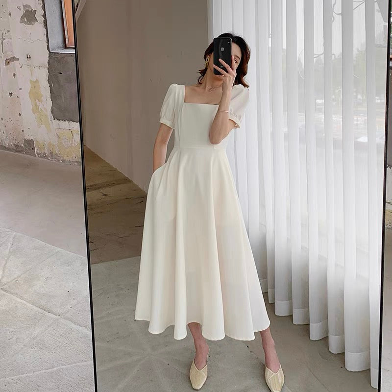 FT GUOGE white dress female 2022 summer new square collar French retro puff sleeve collar certificate small white dress