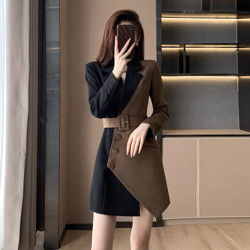 Autumn 2022 new women's French waist high-end sense irregular color contrast dress design sense niche suit skirt