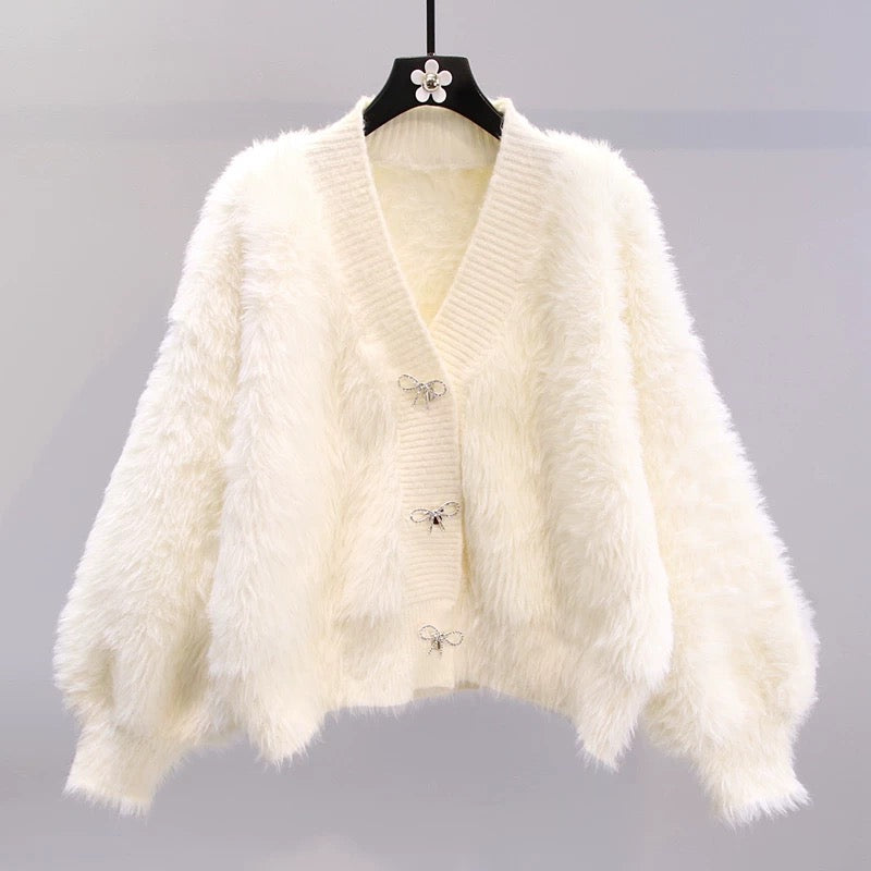 Small fragrance bow-knot imitation mink fleece sweater coat women's autumn and winter 2022 new loose outer wear knitted cardigan