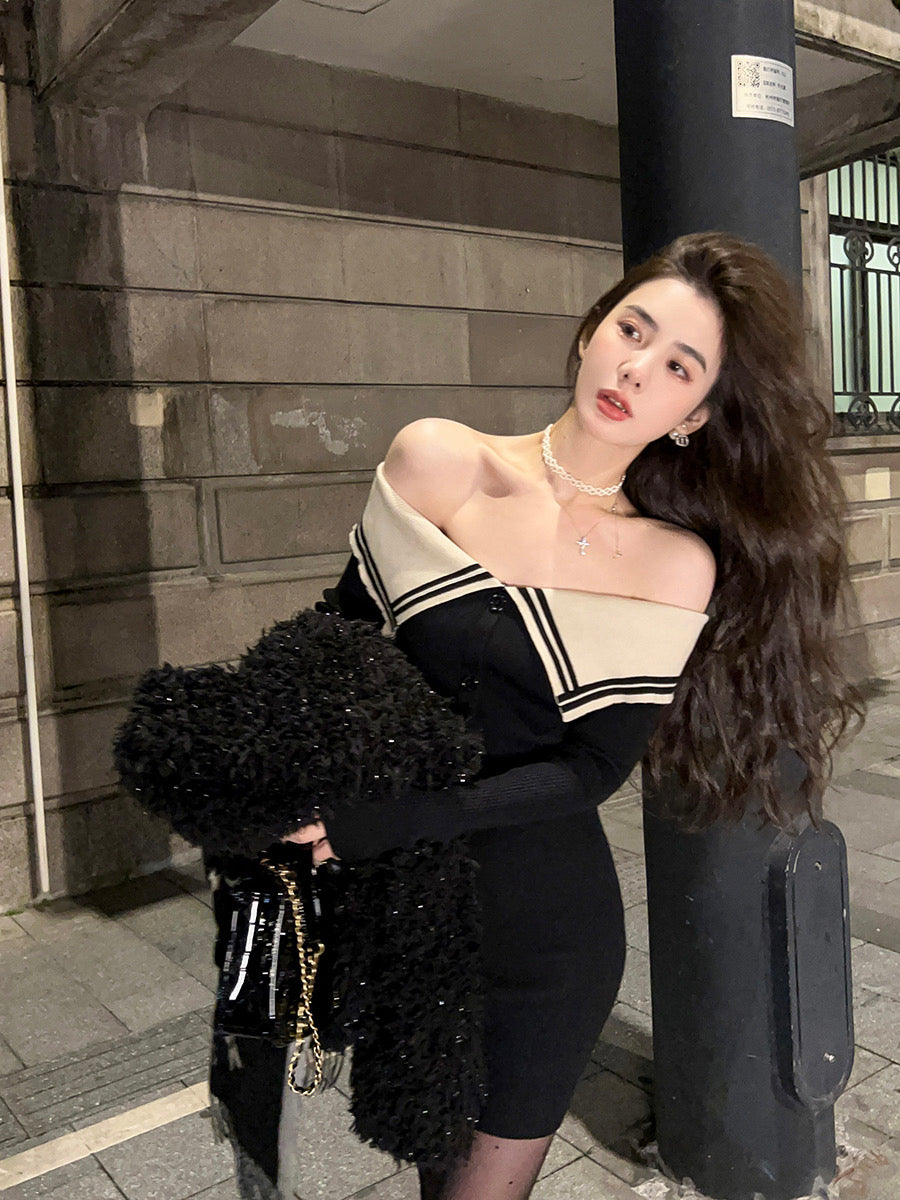 Qiu Rouyao sweet and spicy pure desire one-line collar high waist inner short skirt niche slim high-end dress for small women