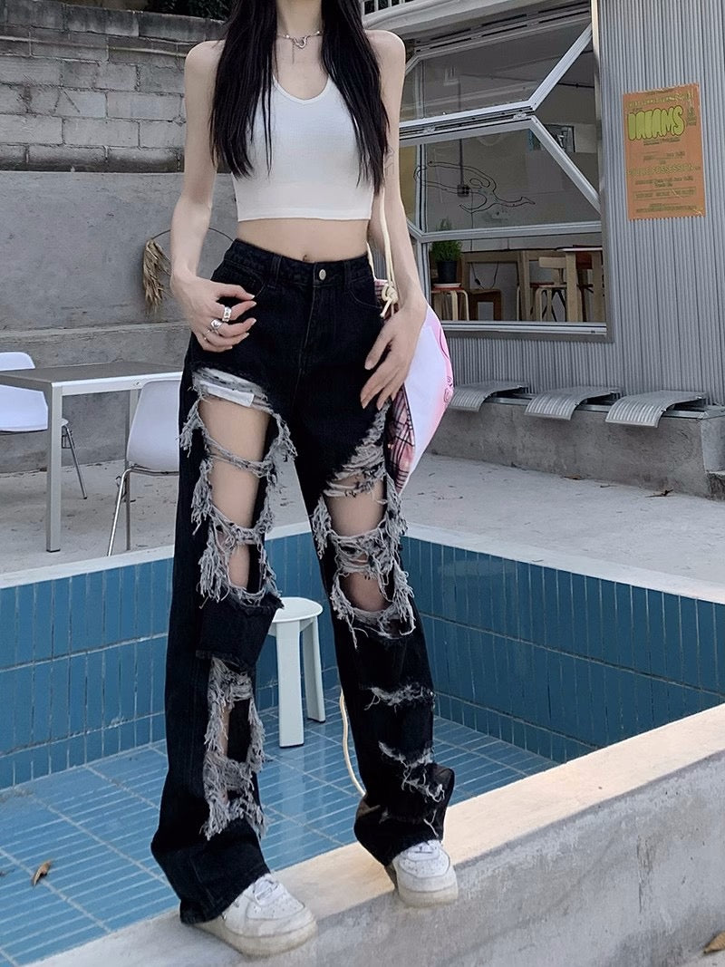 High street ins tide ripped straight jeans female spring American style high waist beggar pants mopping trousers wide leg pants