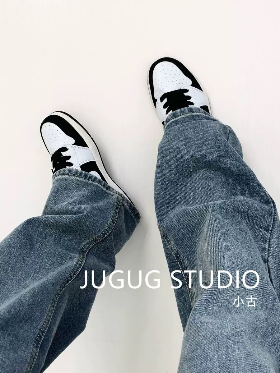 JUGUG mopping buckle jeans women's spring and summer new loose high waist drape all-match straight slim wide-leg pants