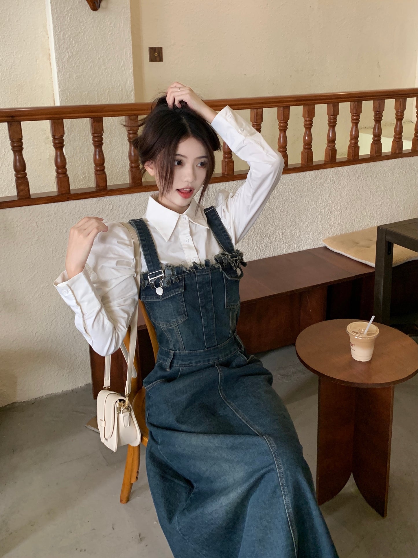 Retro strap denim dress women's spring 2023 new a-line tassel high-quality mid-length skirt