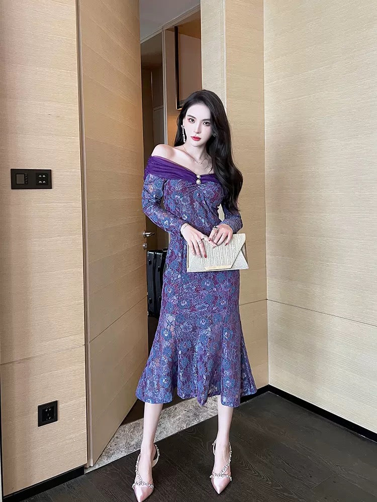 European station one-shoulder lace dress autumn 2022 new foreign style fishtail dress dress high-end light luxury niche 1542