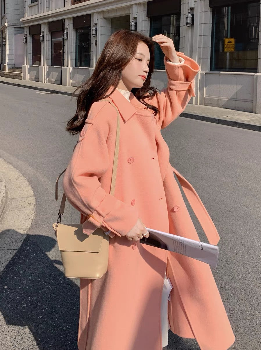 Pink woolen coat women's winter mid-length 2022 new small high-end fashion woolen coat