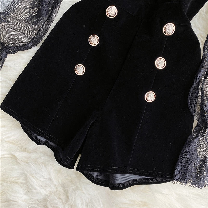Light familiar style temperament suit lace embroidery mesh top western style velvet tube top jumpsuit shorts two-piece set for women