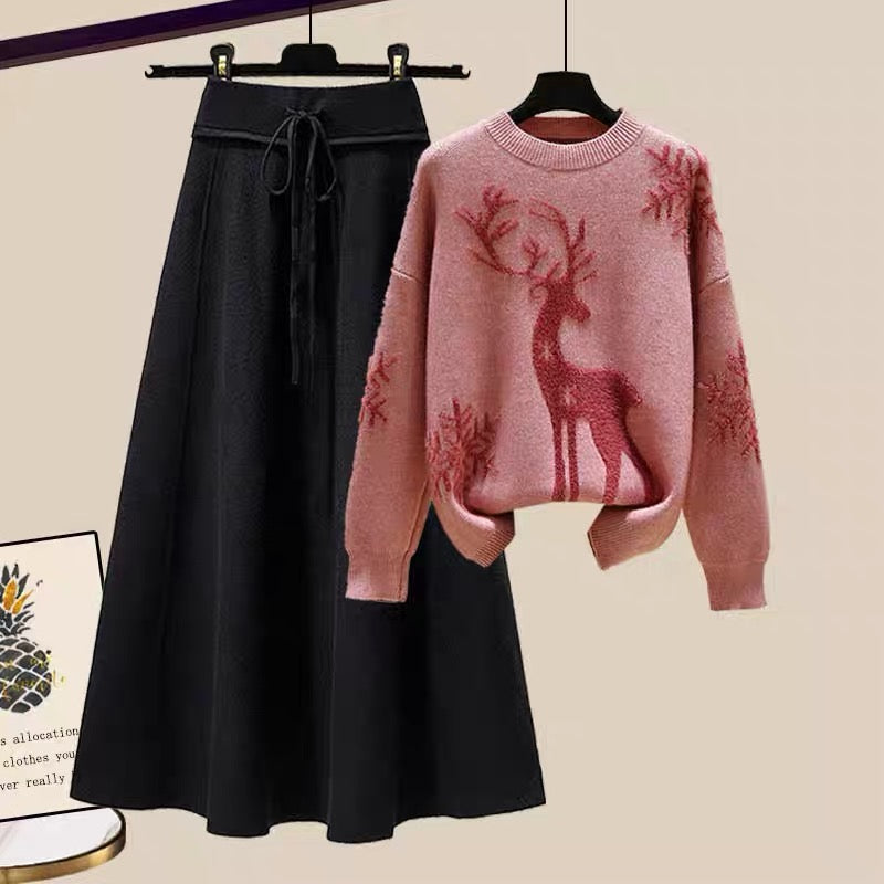 Winter winter clothes, fat sister, slimming, ladies, small fragrance suit, foreign style sweater, knitted skirt, two-piece temperament