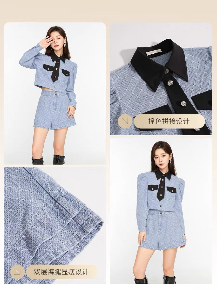 Fantu fashion high-end denim jacquard contrast color short suit 2022 autumn and winter new temperament Korean two-piece women's