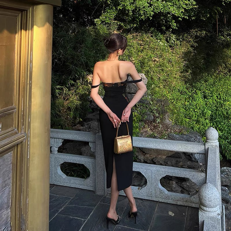 Xiaoli dyed fire maple forest black floral suspender dress spring and summer 2022 new French retro hip skirt