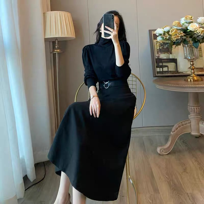 Xiaoxiangfeng two-piece suit women's autumn and winter new French retro ladies temperament Hepburn style black bottoming dress